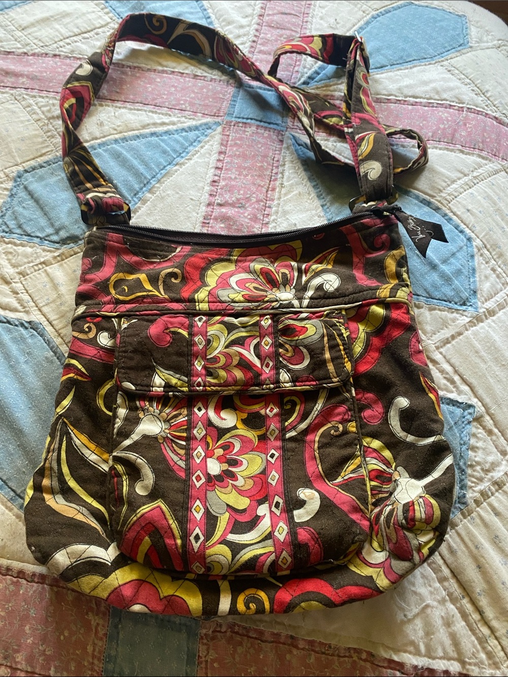 Vera Bradley Quilted Floral Crossbody in Brown, Pink & Yellow